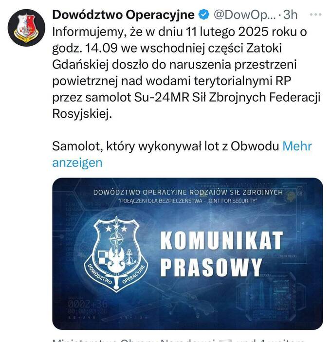 Польские военные подтвердили нарушение воздушных границ российским военным самолетом deiqrtidriqhrkmp
